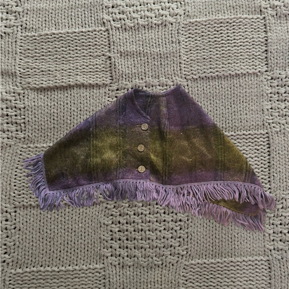 Vintage Andrew Stewart Wool Mohair Woven Button Poncho Green Purple One Size